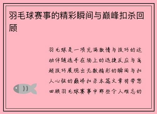 羽毛球赛事的精彩瞬间与巅峰扣杀回顾